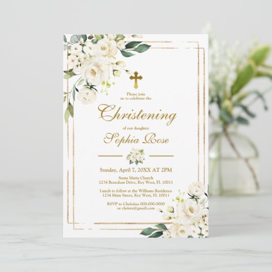 ホワイトフラワーズ&金ゴールドフレームガール《キリスト教》洗礼式や命名式 招待状 (スタンド正面)
