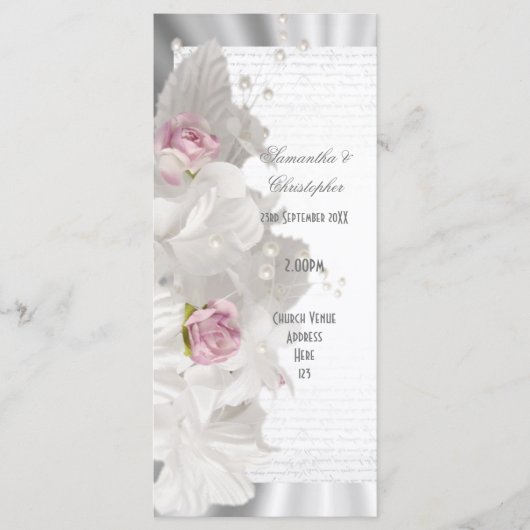 ホワイトフラワーピンクのバラ教会の結婚式プログラム プログラム (正面)