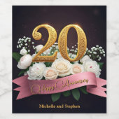 ホワイトフラワーピンク結婚リボン20周年 ワインラベル (シングルラベル)