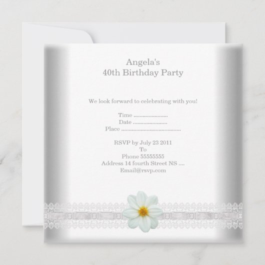 ホワイトフラワーファブラス40th誕生日パーティーレース 招待状 (裏面)