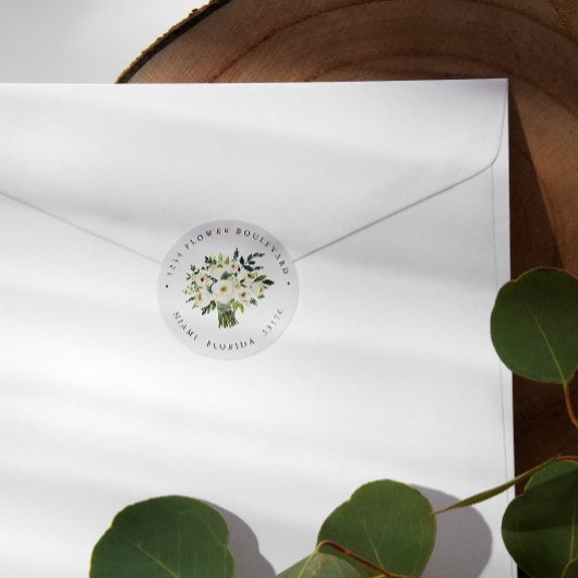 ホワイトフラワーブーケボタニカル差出人住所 ラウンドシール