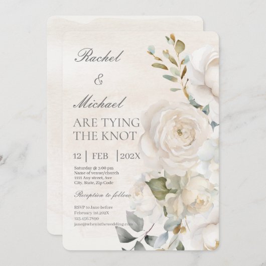 ホワイトフラワーベージュスペインの結婚式招待状 招待状 (正面/裏面)