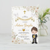 ホワイトフラワーボーイファーストホーリーコミュニオン金ゴールドグリッター 招待状 (スタンド正面)