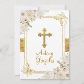 ホワイトフラワーボーイファーストホーリーコミュニオン金ゴールドグリッター 招待状 (裏面)