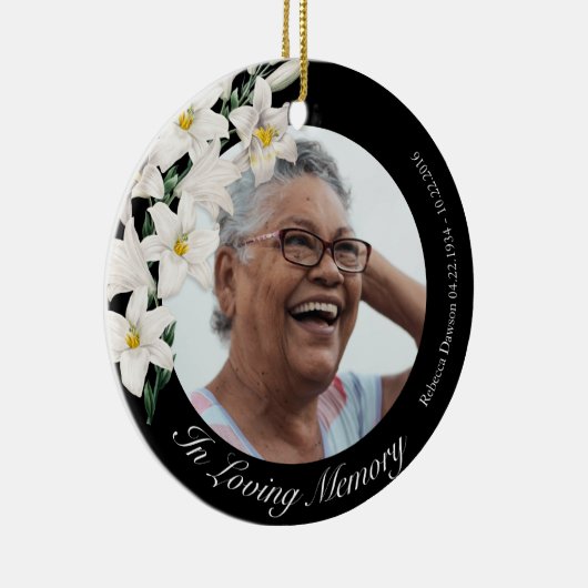 ホワイトフラワーメモリアルヴィンテージ黒カスタム色写真 セラミックオーナメント (右)