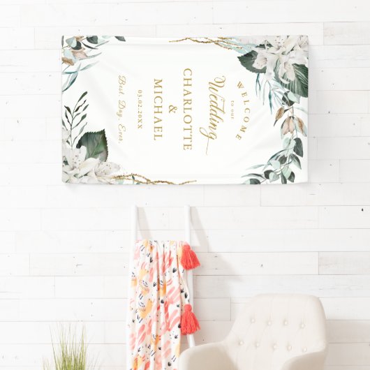 ホワイトフラワーユーカリ結婚金ゴールド 横断幕 (インサイチュ)