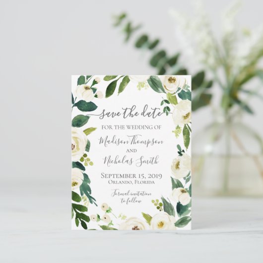 ホワイトフラワーリースウェディングデイトカードを保存 セーブザデート (スタンド正面)