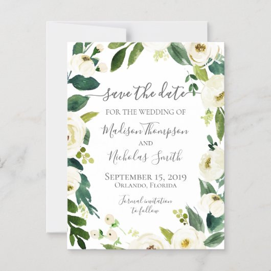 ホワイトフラワーリースセーブザデートマグネット マグネット招待状 (正面)