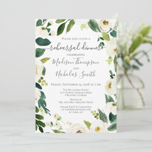 ホワイトフラワーリースリハーサルディナー招待状 招待状 (スタンド正面)