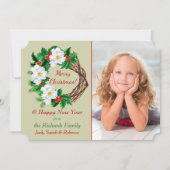 ホワイトフラワーリース写真テンプレートクリスマス シーズンカード (正面)