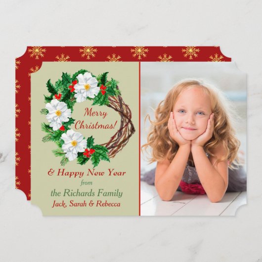 ホワイトフラワーリース写真テンプレートクリスマス シーズンカード (正面/裏面)