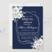 ホワイトフラワー桜ネイビーブルーブライダルシャワー 招待状 (正面)