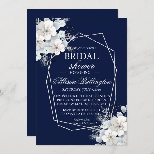 ホワイトフラワー桜ネイビーブルーブライダルシャワー 招待状 (正面/裏面)