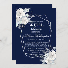 ホワイトフラワー桜ネイビーブルーブライダルシャワー 招待状