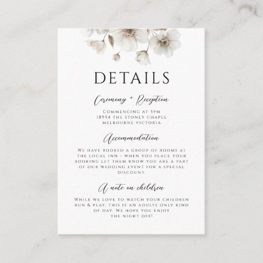 ホワイトフラワー素朴エレガントなウェディング詳細 エンクロージャーカード (正面)