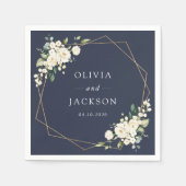 ホワイトフラワー、クリームフラワー、グリーン、ウェディング スタンダードカクテルナプキン (正面)