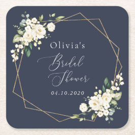 ホワイトフラワー、クリームフラワー、ボヘミア、ブライズシャワー スクエアペーパーコースター
