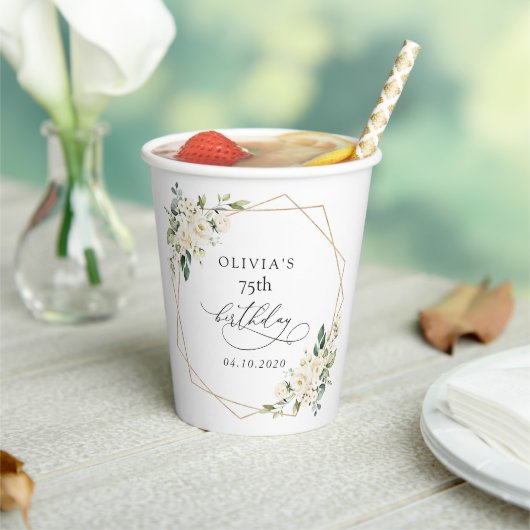ホワイトフラワー、クリーム色の花、ボホ、誕生日 紙コップ (インサイチュ)