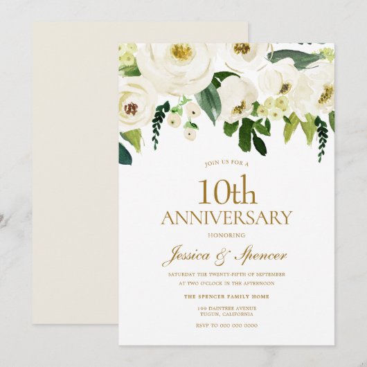 ホワイトフラワー＆クリーム 10周年 結婚記念日 招待状 (正面/裏面)