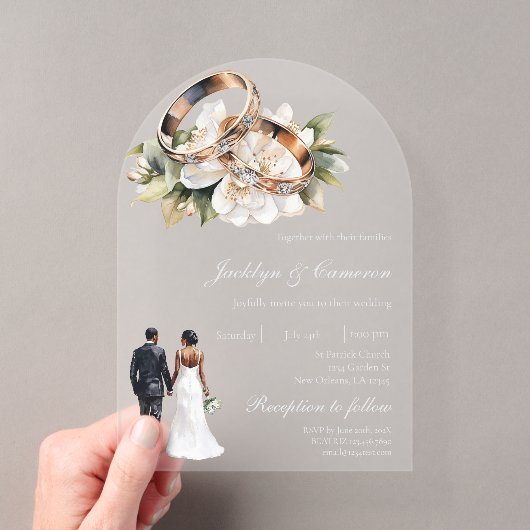 ホワイトフラワー+リングの結婚式 アクリル招待状 (インサイチュ (ポータブル))