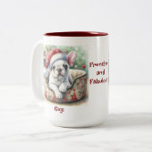 ホワイトフレンチキー、サンタハット、ホリデードッグベッド ツートーンマグカップ (正面左)