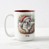 ホワイトフレンチキー、サンタハット、ホリデードッグベッド ツートーンマグカップ (左)