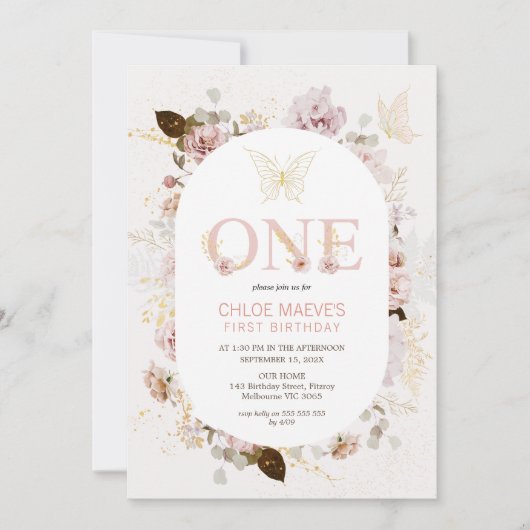ホワイトフレームガールズピンクボホフローラ1st Birthday 招待状 (正面)