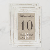ホワイトフレ素朴ームとBurlapプリントテーブル番号 招待状 (正面/裏面)