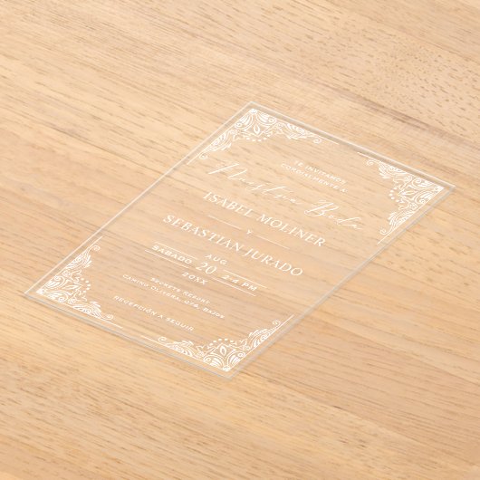 ホワイトフレ華美ームヌエストラスペインのボダ結婚ズ アクリル招待状 (レイダウン)