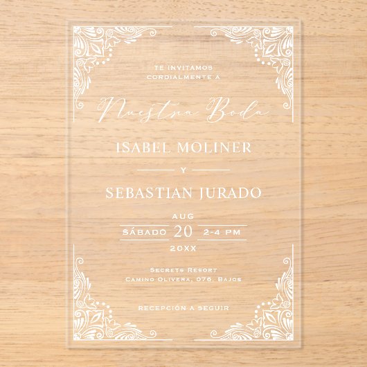 ホワイトフレ華美ームヌエストラスペインのボダ結婚ズ アクリル招待状