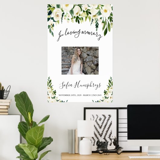 ホワイトフローラお祝いのライフサイン、写真サイン ポスター (ホームオフィス)