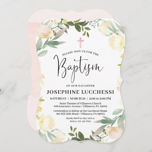 ホワイトフローラとピンクバプテスマ招待状 案内状 (正面/裏面)