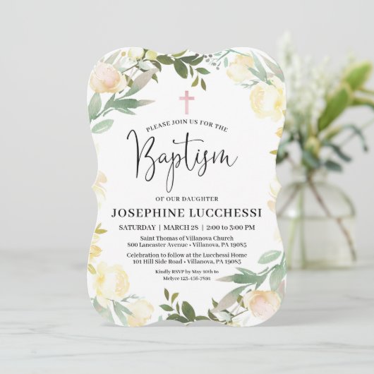 ホワイトフローラとピンクバプテスマ招待状 案内状 (スタンド正面)