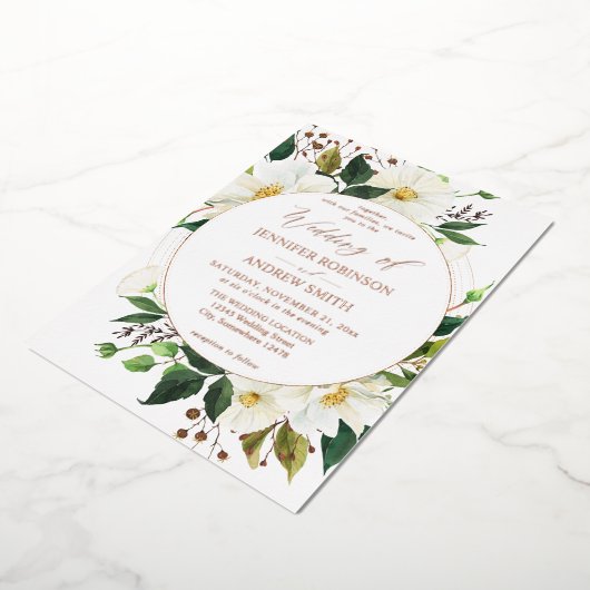 ホワイトフローラと緑結婚の1 箔招待状 (回転した状態)