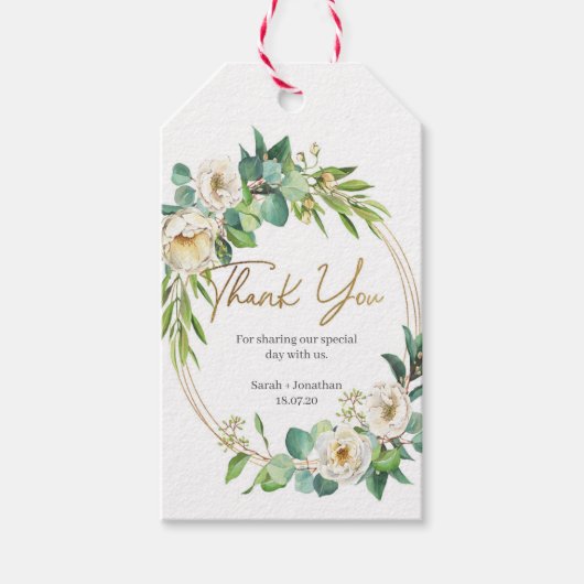 ホワイトフローラと金ゴールド結婚ズサンキューラベル ギフトタグ (正面)
