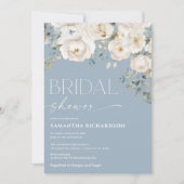 ホワイトフローラほこりっぽいブルーエレガントブライダルシャワー 招待状 (正面)