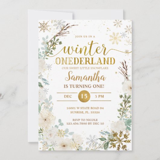 ホワイトフローラウィンターオンダーランド1歳の誕生日 招待状 (正面)