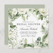 ホワイトフローラウィンターグリーナリー素朴ブライダルシャワー 招待状 (正面/裏面)