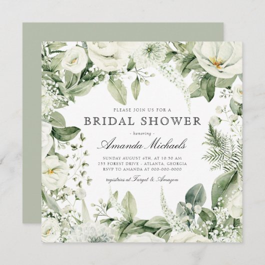 ホワイトフローラウィンターグリーナリー素朴ブライダルシャワー 招待状 (正面/裏面)