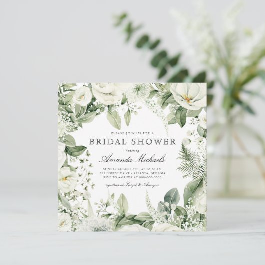 ホワイトフローラウィンターグリーナリー素朴ブライダルシャワー 招待状 (スタンド正面)