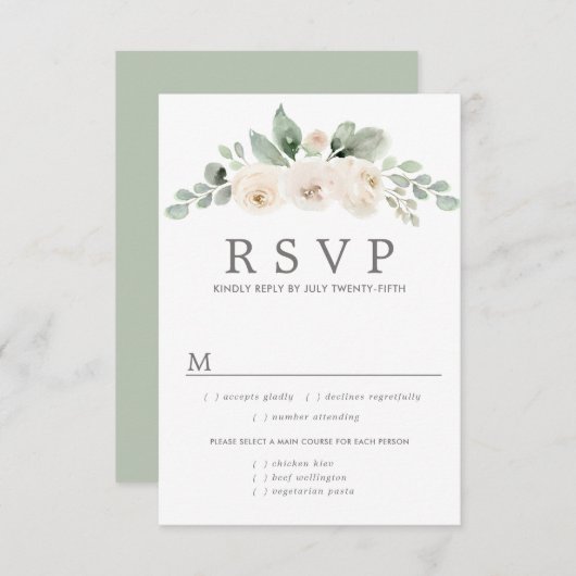 ホワイトフローラウェディングRSVPカード、食事オプション 出欠カード (正面/裏面)