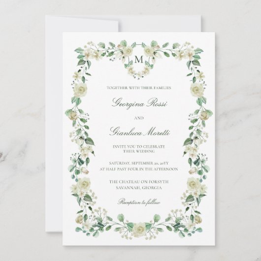 ホワイトフローラウォーターカラークレスト&モノグラム結婚ズ 招待状 (正面)