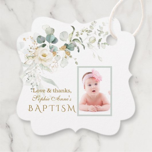 ホワイトフローラエリー緑の少女の写真バプテスマ フェイバータグ (裏面)