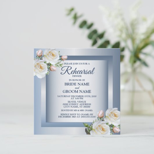 ホワイトフローラエレガントブルーグレーリハーサルディナー 招待状 (スタンド正面)