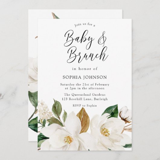 ホワイトフローラエレガントベビー&ブランチ赤ちゃんシャワー 招待状 (正面/裏面)
