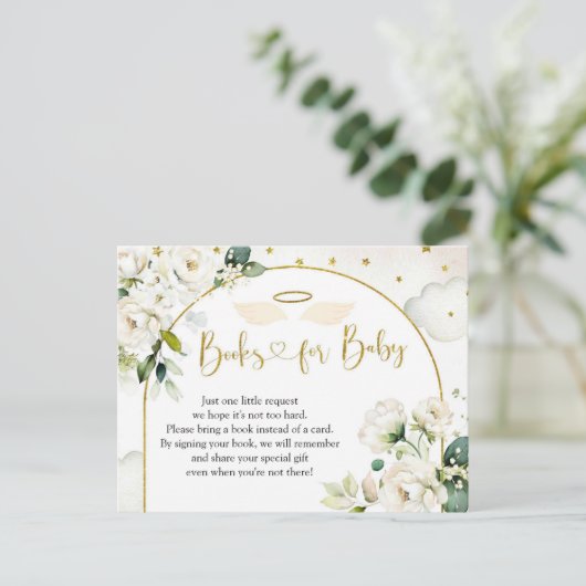 ホワイトフローラエンジェルベビー天国送信ベビー インビテーションポストカード (スタンド正面)