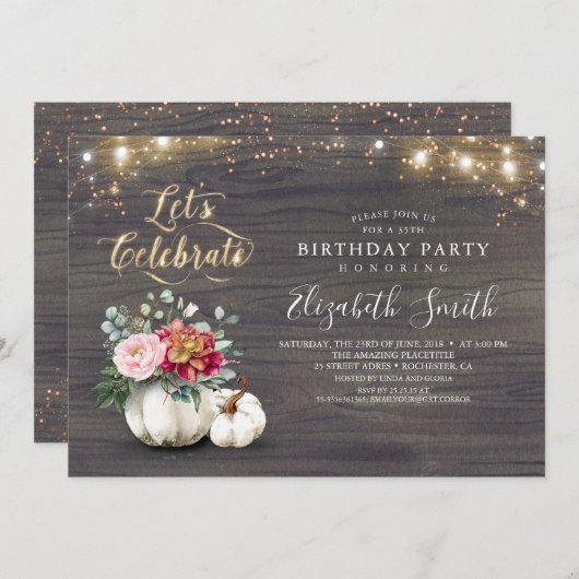 ホワイトフローラカボチャ素朴秋誕生日パーティー 招待状 (正面/裏面)