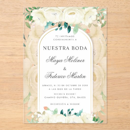 ホワイトフローラガーデンヌエストラボダスペインの結婚ズ アクリル招待状 (正面)