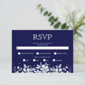 ホワイトフローラガーランドと宝石ネイビー結婚ブルー 出欠カード (スタンド正面)