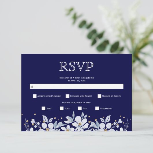 ホワイトフローラガーランドと宝石ネイビー結婚ブルー 出欠カード (スタンド正面)